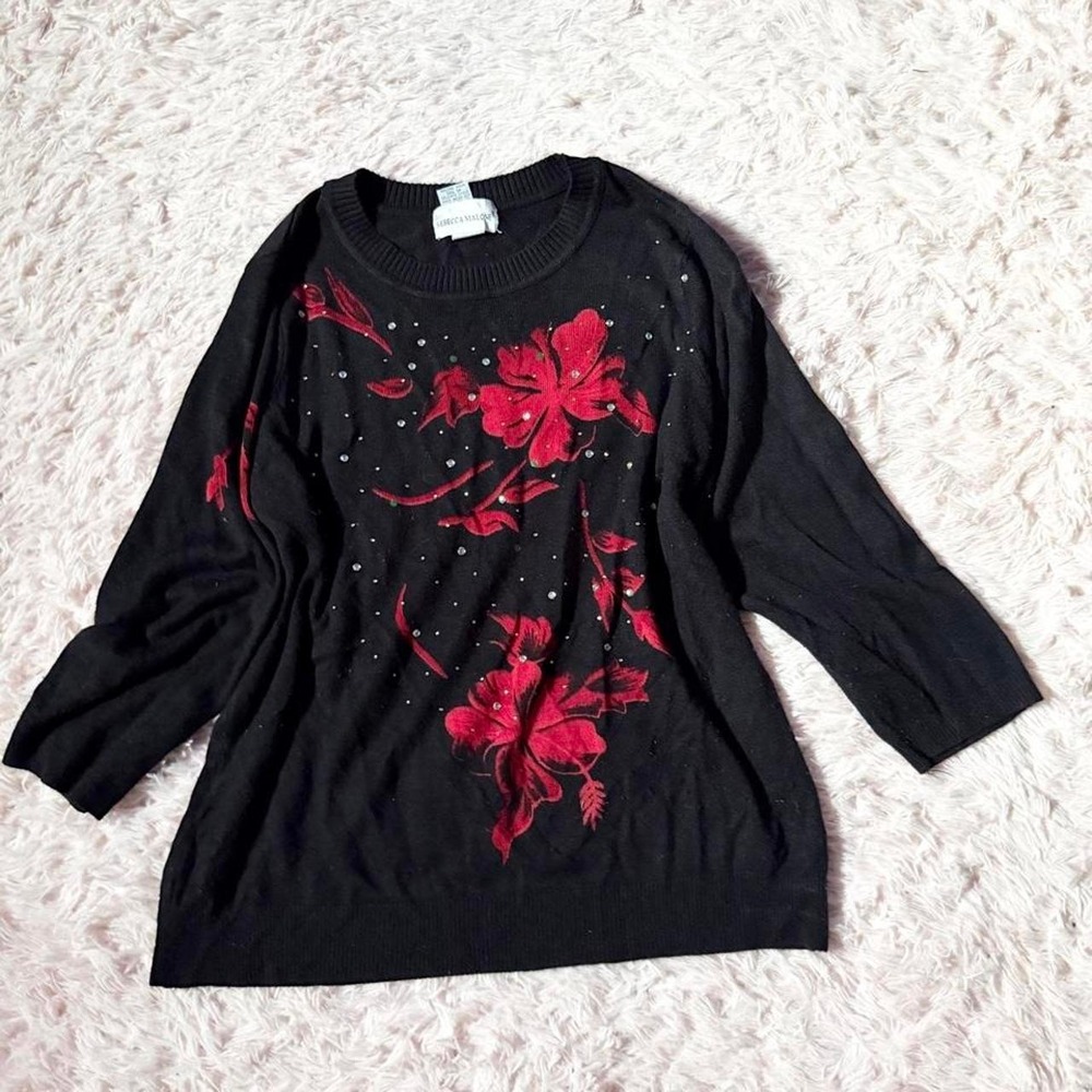 Whimsygoth Floral Romantic Vampy Rhinestone Top Womens L Grandmacore Weird Dark